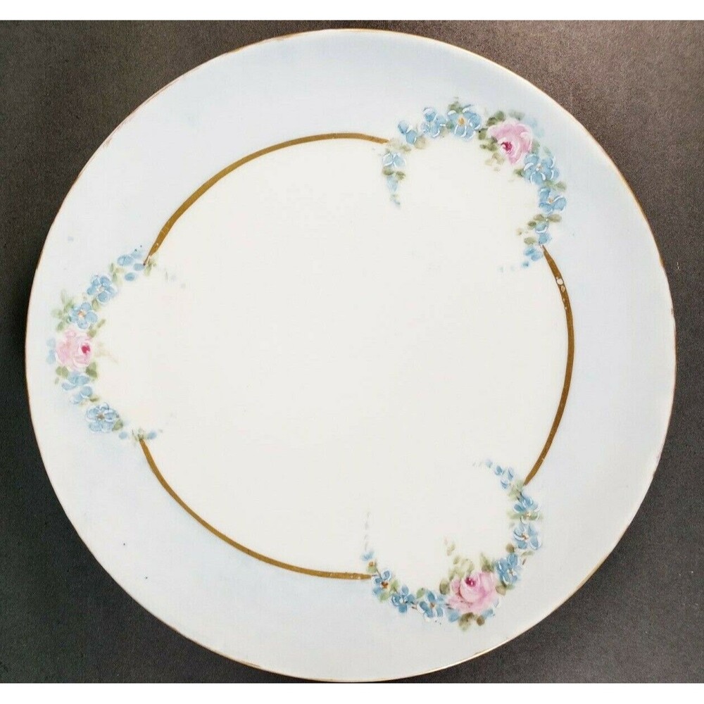 Vtg Nippon 7.5" Plate Hand Paint Blue Flower Pink Roses Victorian Art Nouveau